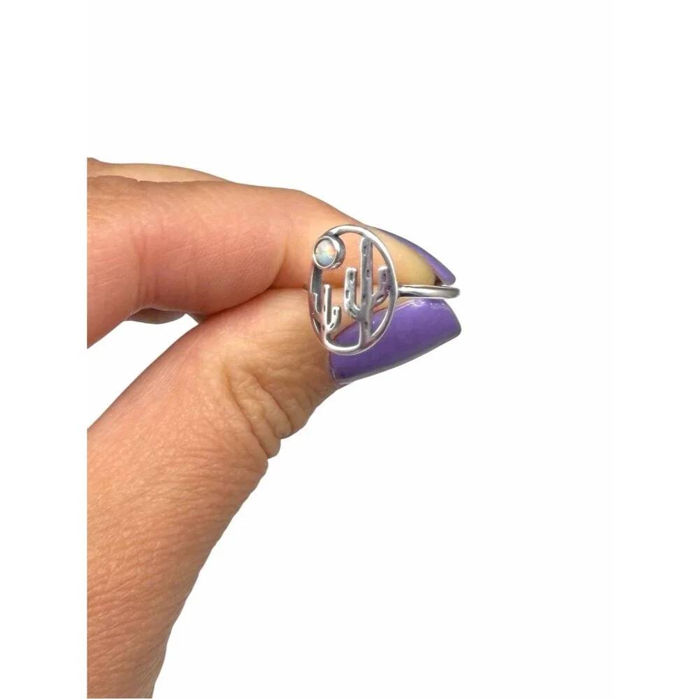 Fire Opal Cactus Ring Size 6 Solid 925 Sterling Silver Cacti Desert Scene